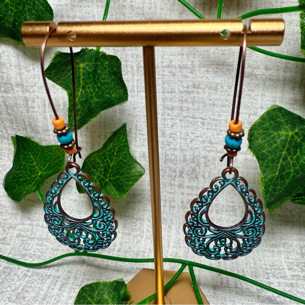 New Boho Dangle Earrings: Teardrop Filigree w/Turquoise & Orange Beads
